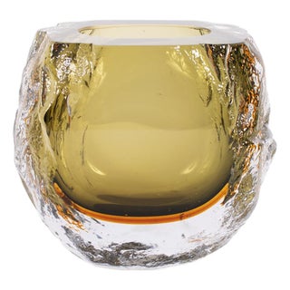 Dusty Olive Crystalized Glass Vase- Short For Sale