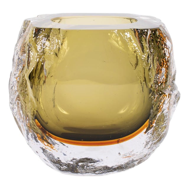 Dusty Olive Crystalized Glass Vase- Short For Sale