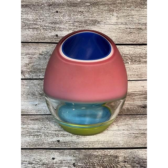 This is a rare beauty! This blown glass vase by artist Jaime Harris is from the Incalmo Orb Series. It is signed and dated...