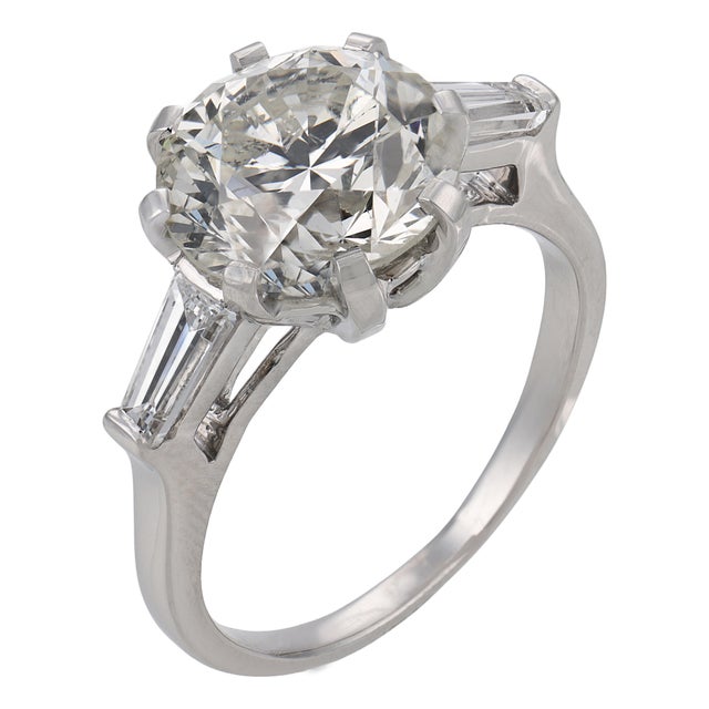 Mid Century Gia 4.27 Carat Diamond Platinum Engagement Ring, Size 6.75 For Sale