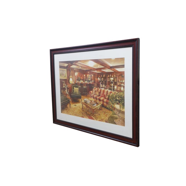 Vintage interior architectural design photograph print of a traditional, wood-paneled lounge or formal room, from a high-...