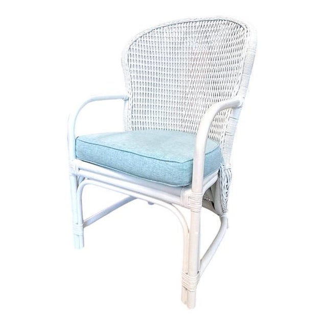 Mid-Century Modern Lacquered Rattan Fan Back Chairs Blue Cushions For Sale - Image 3 of 7