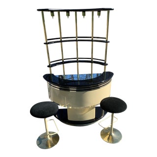 Italian Post Modern Stilglass Donati Guzzini Brass & White Wood Italian Dry Bar & 2 Stools For Sale