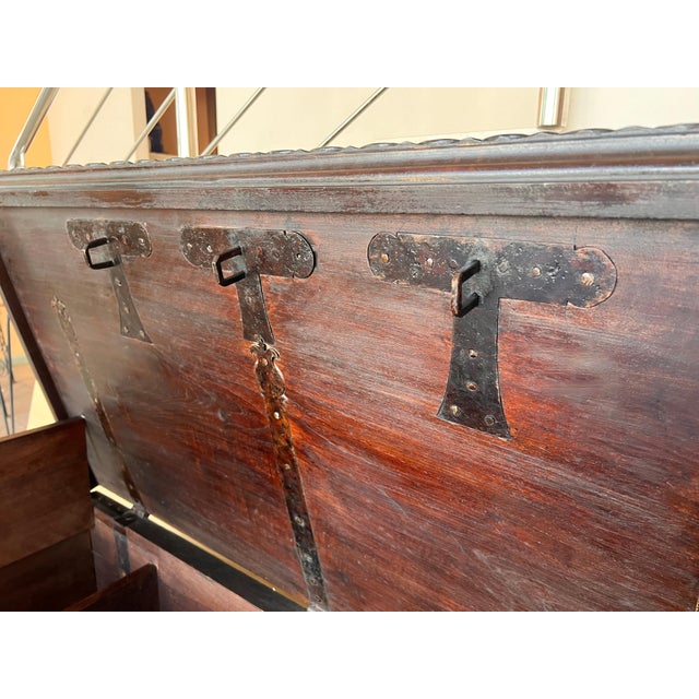 19th Century Spanish Carved Cassone Trunk with Original Hardware and Three Locks For Sale - Image 11 of 18
