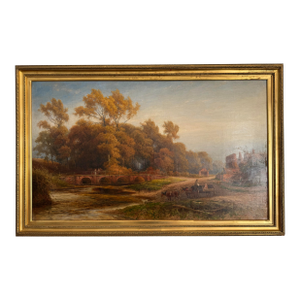 Antique 19th Century British Oil Painting “The Ford, Varaley Woods” by H. Pope