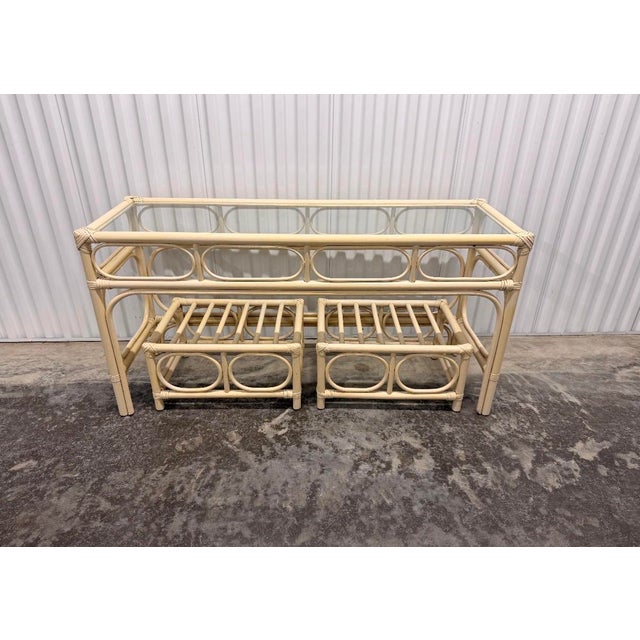 1970s 1970s Vintage Coastal Bamboo & Rattan Console Table With Matching Ottomans For Sale - Image 5 of 9