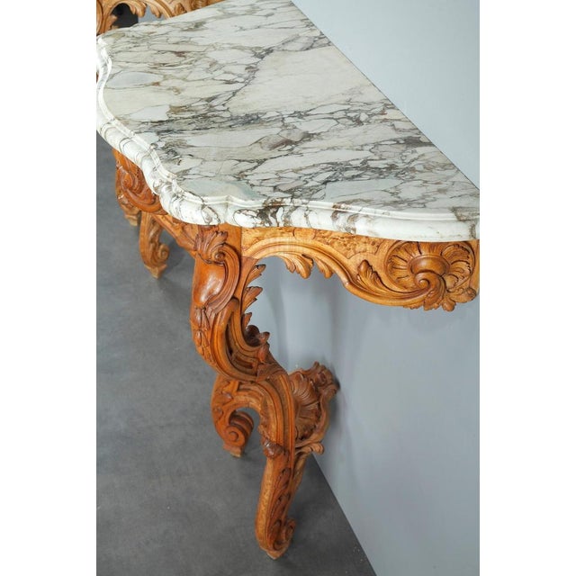 Wood Louis XV-Style Console Tables with Marble Tops, Set of 2 For Sale - Image 7 of 18