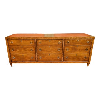 Mid-Century Hollywood Regency Mastercraft Furniture 9-Drawer Long Dresser With Burl Trim For Sale