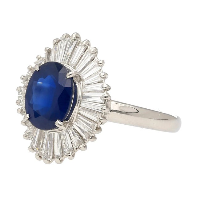 2.58 Carat Oval Cut Blue Sapphire and Diamond Halo Platinum Ballerina Ring Size 6.25 For Sale - Image 4 of 7