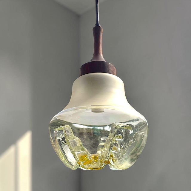 Mid-Century Modern Small Mid-Century Modern Hanging Light in Art Glass and Turned Teak, 1960s For Sale - Image 3 of 9