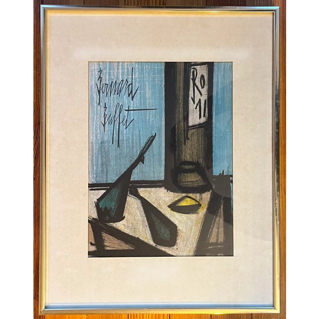 Mid-Century Modern Bernard Buffet (France 1928 - 1999) Mid Century Modern Colored Lithograph Still Life of a Wine Bottle and Fish 1967 For Sale - Image 3 of 12
