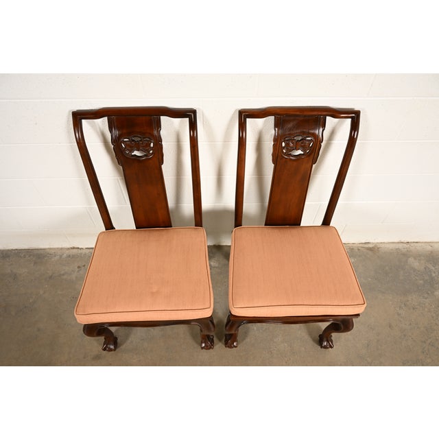 1980s Drexel Heritage Hollywood Regency Chinoiserie Sculpted Mahogany Side Chairs or Dining Chairs, Pair For Sale - Image 5 of 15
