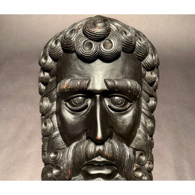 Vintage hand-carved Mexican “Barbón” dance mask featuring a dramatic long-bearded male face with deeply sculpted curls,...