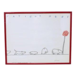 Vintage 1986 Richard Stine - Patient Dogs - Signed Print Framed - Waiting in Line For Sale