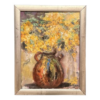 Monica Gilhorn, Vessel with Mimosa, 1950s, Oil on Canvas, Framed For Sale
