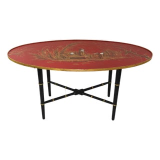 Vintage Chinoiserie Red Coffee Table With Hand-Painted Figures For Sale