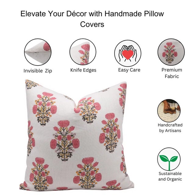 Art Deco Fabdivine Floral Block Print Pillow Cover 14x36 Off-White Linen-Swadesh For Sale - Image 3 of 3