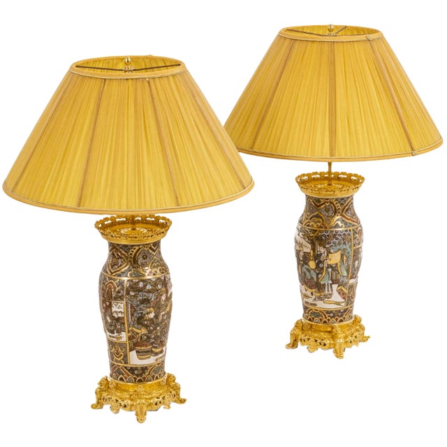 Satsuma Earthenware and Gilt Bronze Lamps, 1880s For Sale