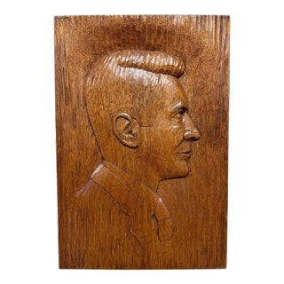 Vintage Gentleman Profile Bas-Relief Portrait in a Wood Carved Plaque Wall Hanging For Sale