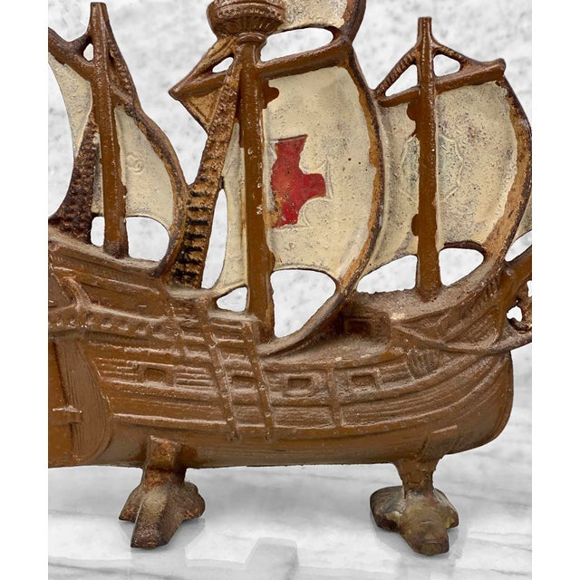 Brown Antique Arts & Crafts Cast Iron Spanish Galleon Ship Doorstop For Sale - Image 8 of 9