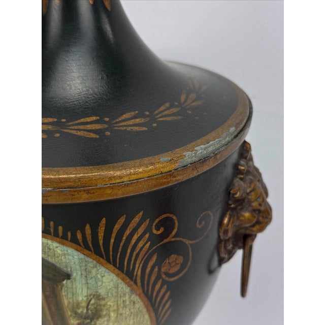 Black Pair of Vintage Neoclassical Painted Toleware Lidded Urns With Lion Mask Handles For Sale - Image 8 of 12