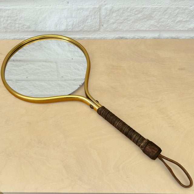 Brown Mid-Century Handheld Vanity Mirror in Brass, Leather and Rattan, Sweden, 1950s For Sale - Image 8 of 8