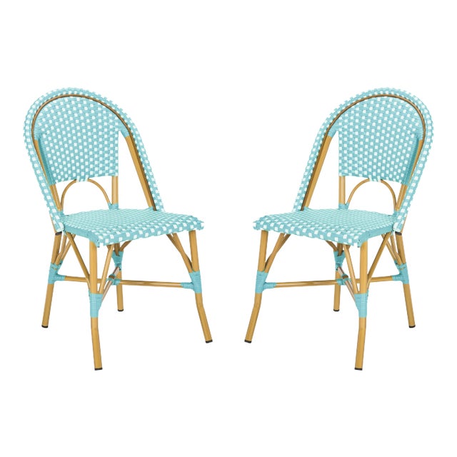 Indoor-Outdoor French Bistro Stacking Side Chair in Teal & White & Light Brown - a Pair For Sale