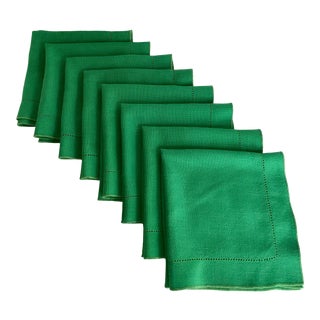 Set of 8 Vintage Linen Kelly Green Napkins For Sale