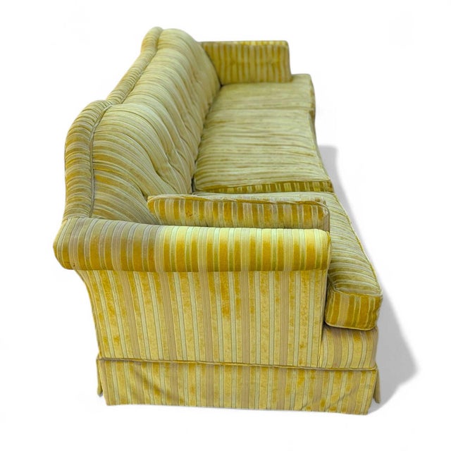 Vintage 96” Tufted Striped Sofa – Mid-Century Curved Back Couch, Cleaned + New Foam Included, Unique Hollywood Regenc... For Sale - Image 16 of 18