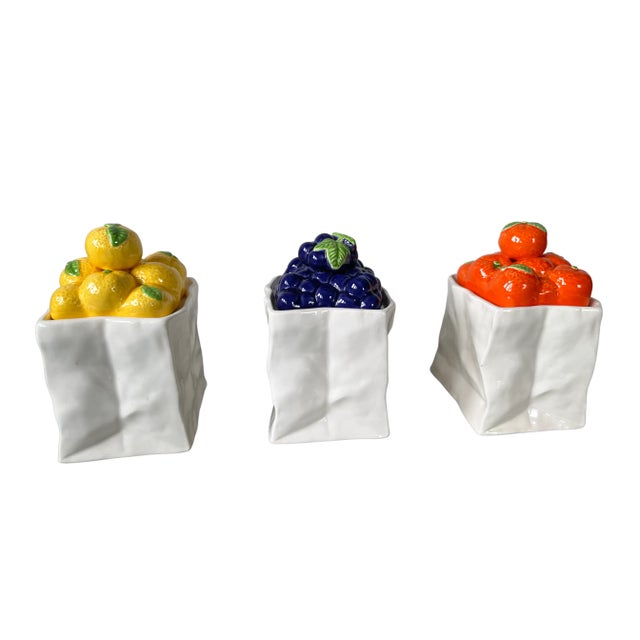 Figurative Vintage Ceramic Fruit "White Paper Bag" Containers, Set of Three - Lemons, Grapes & Oranges For Sale - Image 3 of 13