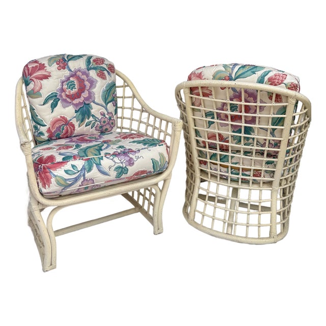 1980's Rattan Lattice Barrel Lounge Chairs With Chinoiserie Cushions in the Style of Ficks Reed a Pair For Sale
