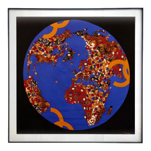 Framed Chanel Silk Scarf "Globe" 1980s - Midnight Black Frame