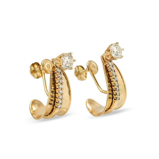 Modern Vintage 14k Yellow Gold 1.43ct Diamond Stud Huggie Clip Dangle J Hoops Earrings, a Pair For Sale - Image 3 of 8