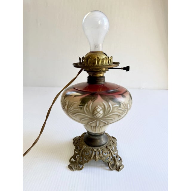 Early 20th Century Early 20th Century Hand Painted Floral Gone With The Wind Oil Lamp Converted, w/ Nightlight For Sale - Image 5 of 18