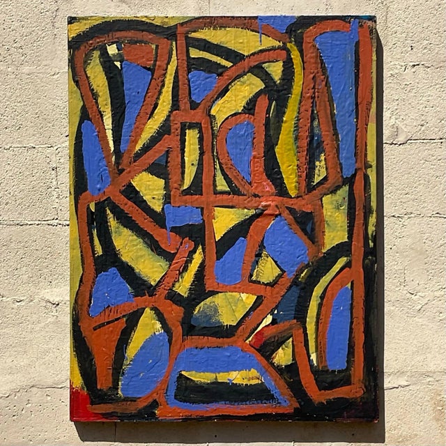 This piece is a gorgeous geometric style painting that utilizes hard angles and linear shapes. The bold primary colors yet...