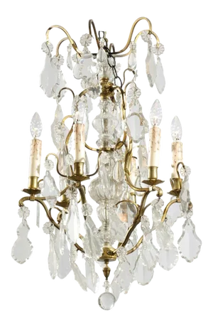 French 19th Century Six-Light Bronze and Crystal Chandelier with Scrolling Arms