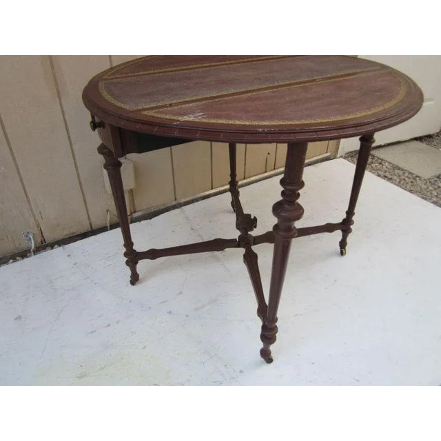 Wood Early 1900s Dining Room Table Two Drop Leaf on Wheels Two Drawer Dark Color by Cutler and Son For Sale - Image 7 of 12