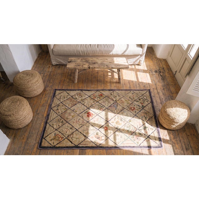 1930s Tan Camel Diamond Folk Art Antique American Hooked Rug3'0"x 5'0" Handknotted Wool Carpet For Sale - Image 12 of 14