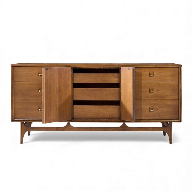 Broyhill Brasilia Mid Century Walnut and Brass Lowboy Dresser For Sale In Chicago - Image 6 of 9