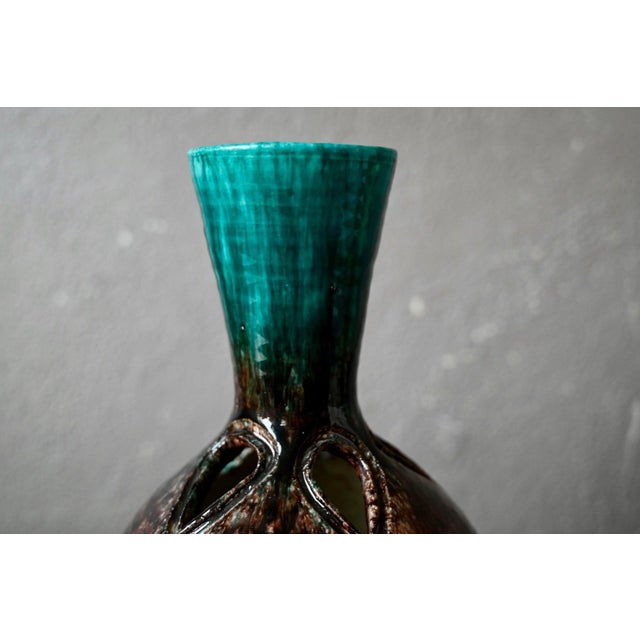 Accolay Openwork Ceramic Ball Vase in Turquoise Glazed, 1960s For Sale - Image 4 of 9