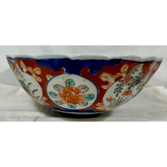 Japanese Vintage Scalloped Edge Imari Bowl Decorated With Colorful Floral Patterns & Butterflies From Japan - Circa 1940 For Sale - Image 3 of 12