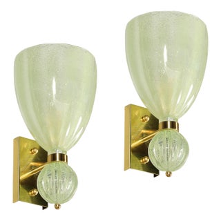 Pair of Modernist Pale Jade Hand-Blown Murano Glass Sconces W/ Brass Fitting For Sale