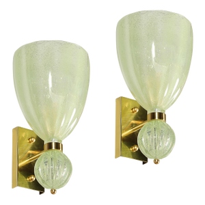 Pair of Modernist Pale Jade Hand-Blown Murano Glass Sconces W/ Brass Fitting
