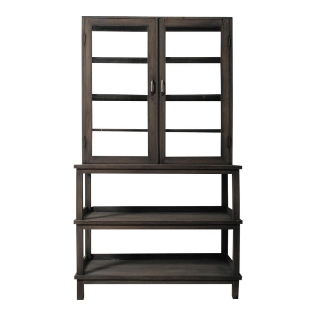 Dark Wood Glass-Front Cabinet on Tiered Open Base For Sale