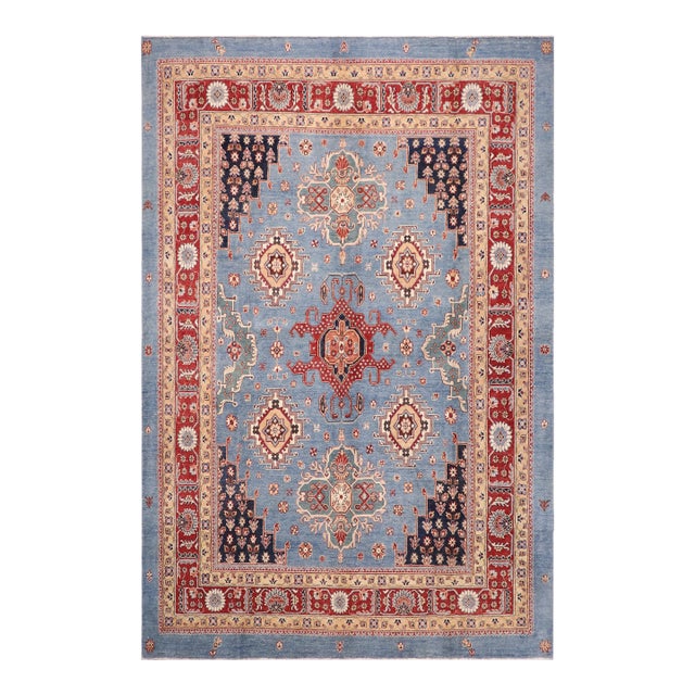 Bohemian Kazak Light Blue/Red Wool Rug - 8'0''x9'10'' For Sale