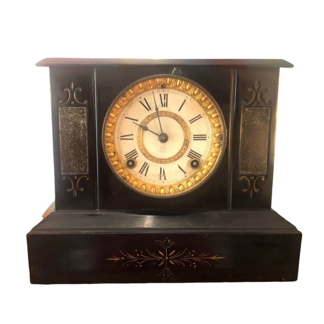 Vintage Heavy Wood and Metal Mantle Clock For Sale - Image 12 of 12