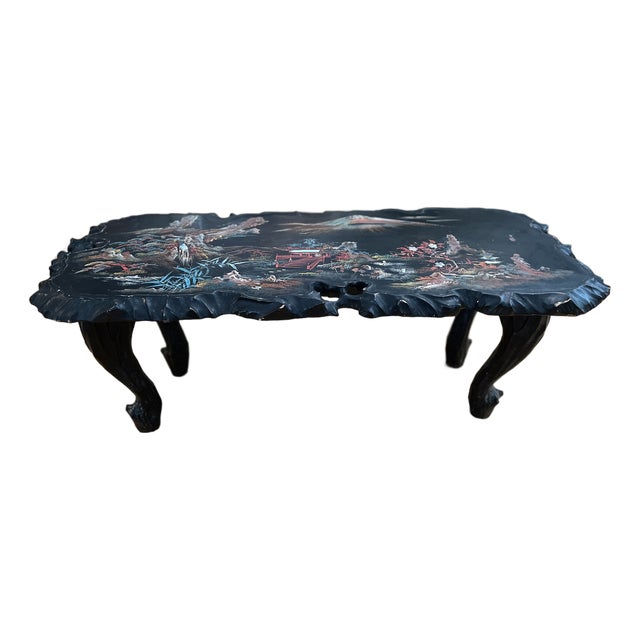Mid-Century Japanese Lacquer Coffee Table With Hand-Painted Fuji Landscape & Mother-of-Pearl Raden Inlay For Sale
