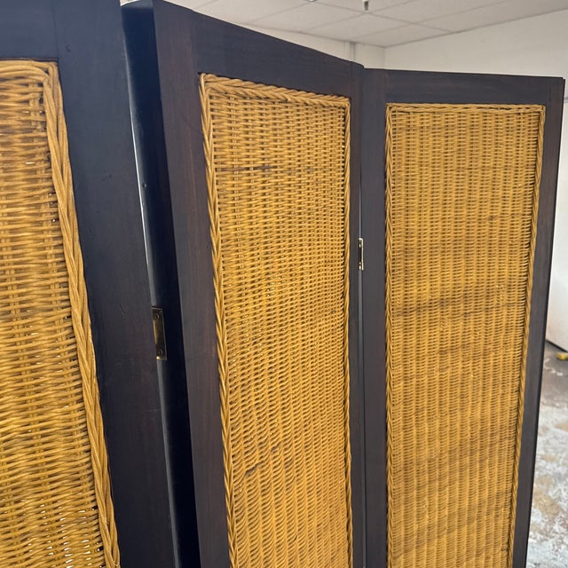 Wood Woven Rattan Four-Panel Folding Screen For Sale - Image 7 of 12