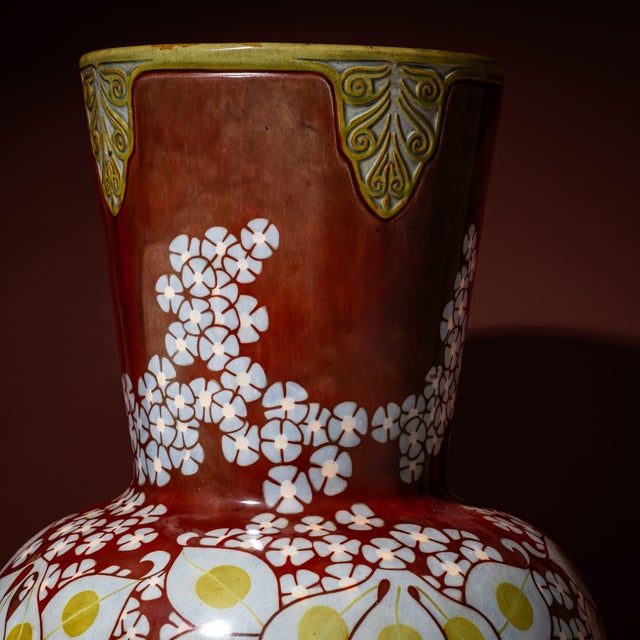 Large Red Vase with Floral Decoration from Zsolnay Ceramics, Hungary, Early 20th Century For Sale - Image 10 of 16