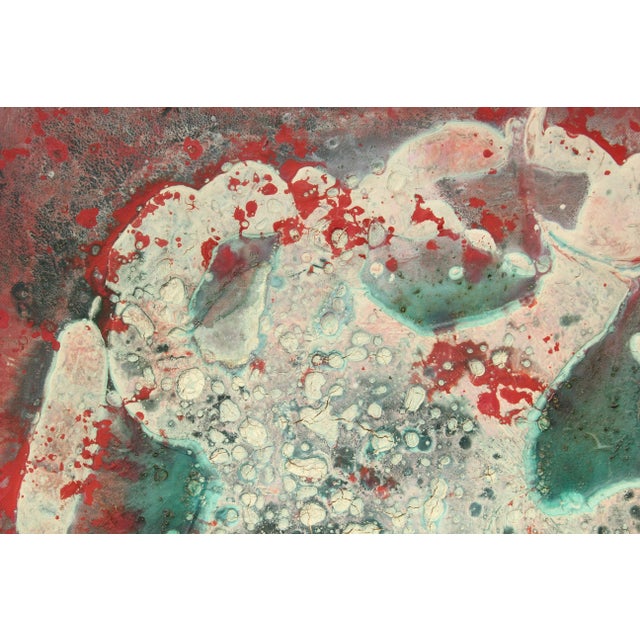 Unique red, green and white abstract image on canvas. White portion of the canvas is elevated from the rest of the image....
